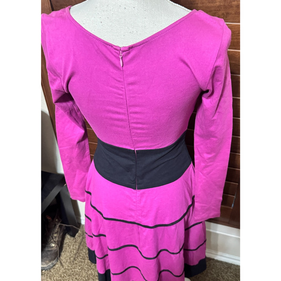 eShakti Fit n Flare Bright Pink Dress Size 0 XS black stripes long sleeve - Picture 4 of 8